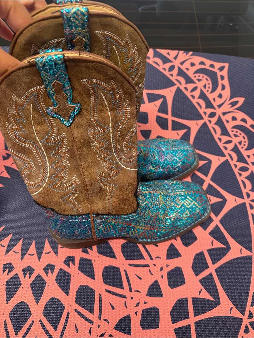 Kids Brown Suede & Teal Glitter Cowboy Boots